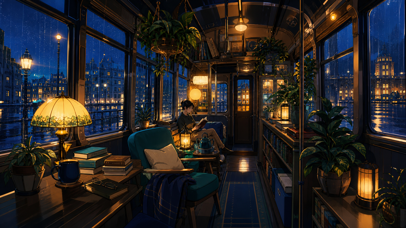 A greenhouse reading room built into an old city tram, during a rainy evening with every warm light switched on. Inviting room-wide composition with several discoverable details. Ultramarine, bioluminescent turquoise, pe
