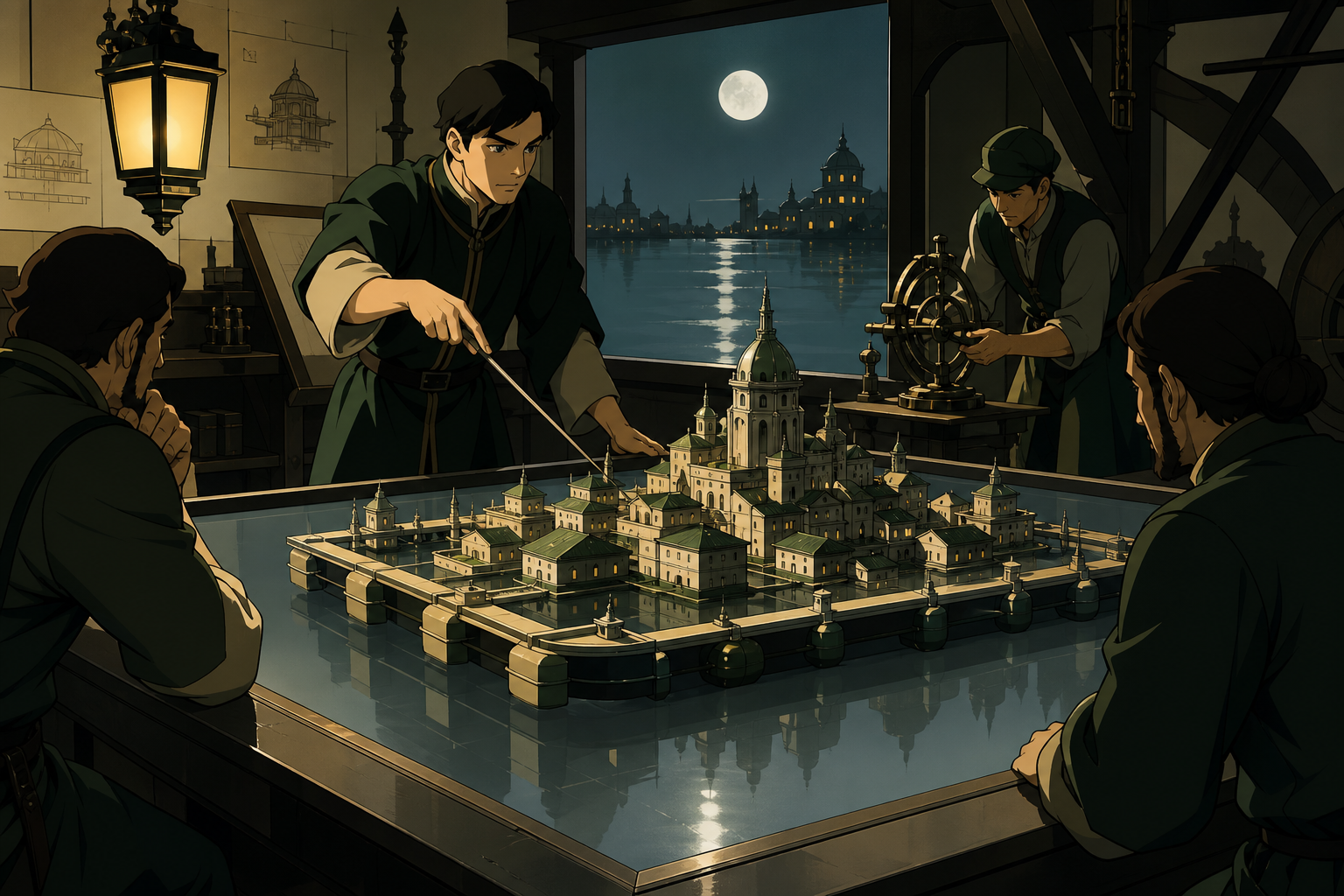 A medieval urban planner presenting a practical model of a floating district, at a quiet moment before the invention changes ordinary life. Observational workplace view where the unusual machine feels routine. Moss green