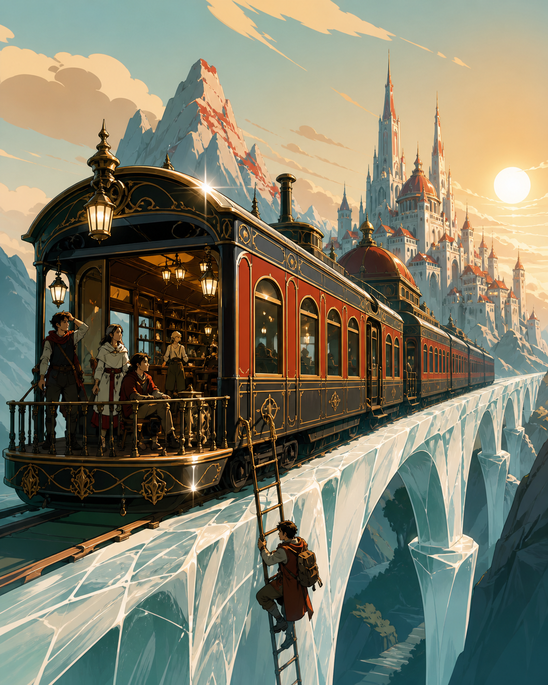 An ornate night train crossing a bridge made from frozen moonlight, mid-journey with passengers revealing how the vehicle is actually lived in. Wide travel-poster composition without typography, emphasizing destination a