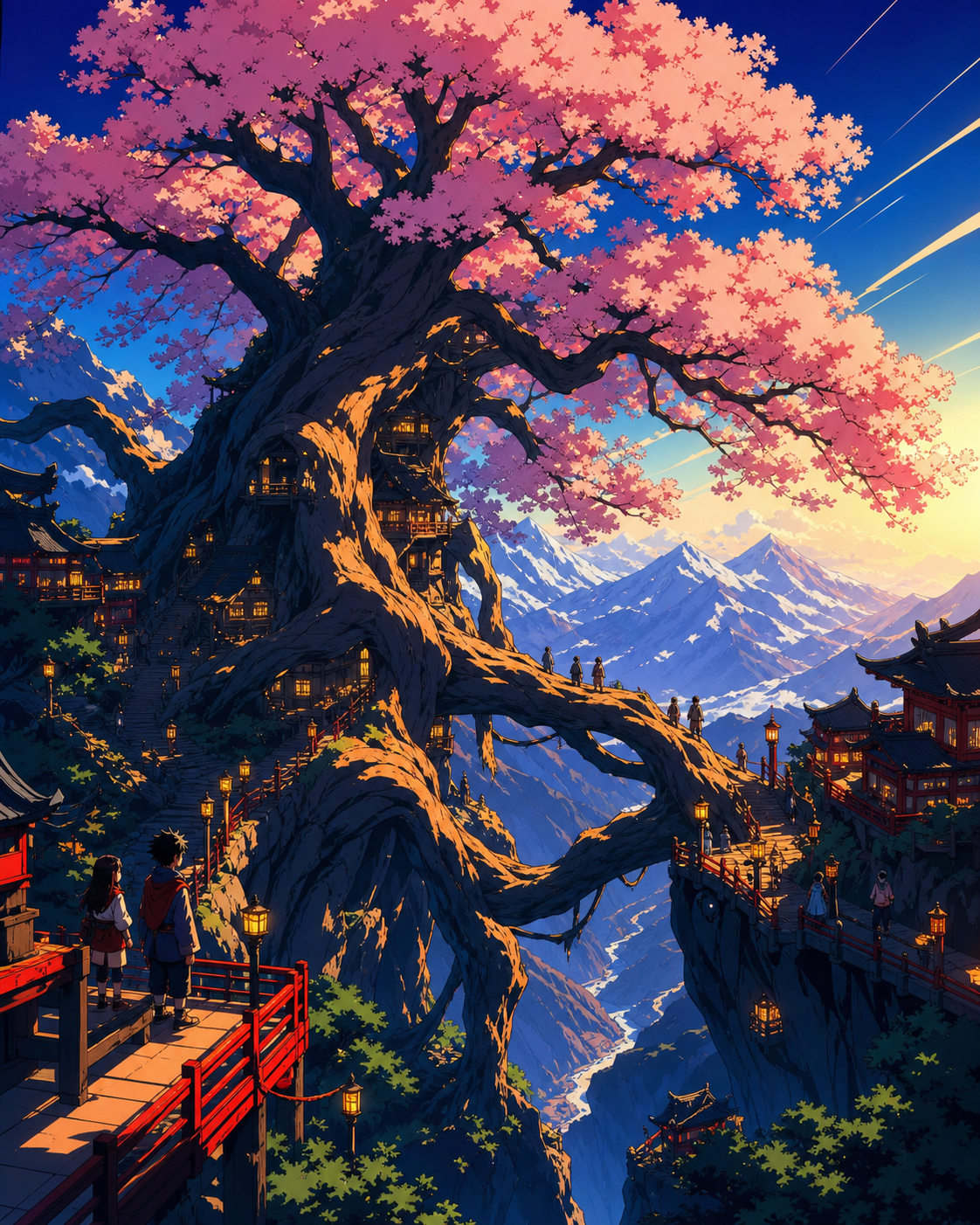 An ancient cherry tree whose roots bridge two mountain communities, at the first light of morning after a transformative storm has passed. Wide landscape frame with the tree organizing every path and settlement. Pine bla