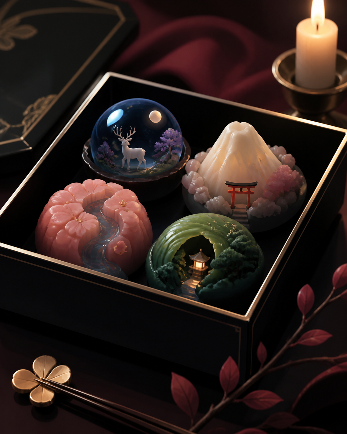 A jewel-like box of seasonal wagashi shaped as miniature fantasy landscapes, presented moments before someone takes the first bite. Intimate close-up with shallow depth and layered foreground details. Burgundy, midnight 