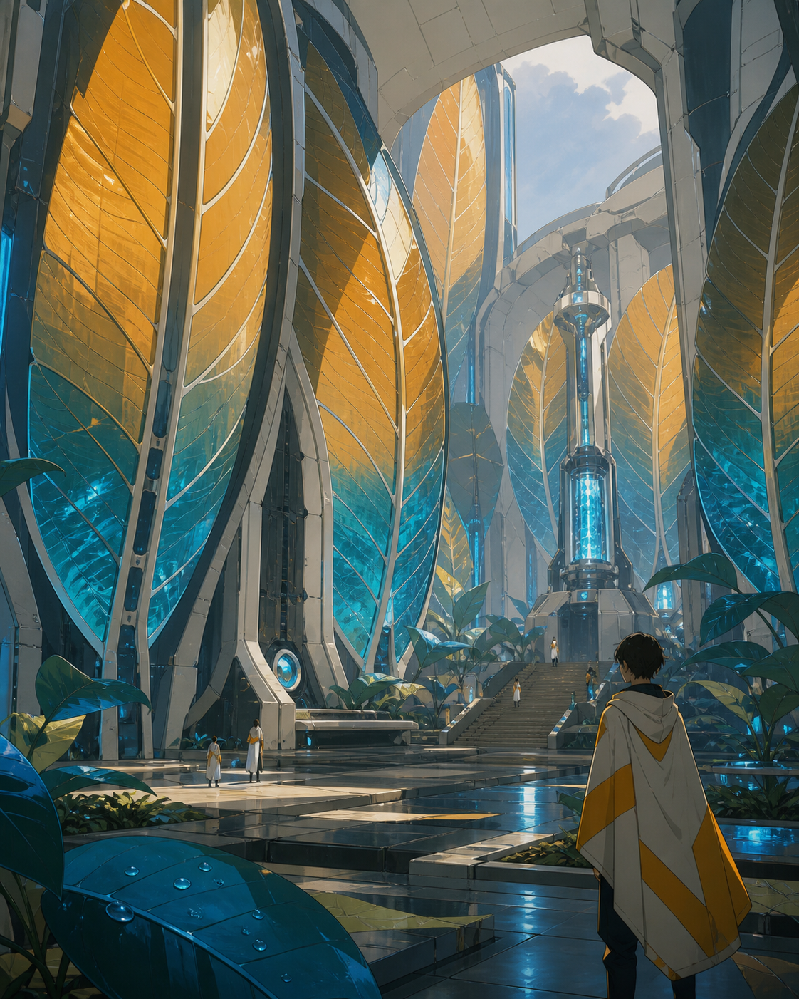 A library whose books are encoded in the changing colors of enormous leaves, after rainfall activates hidden biological structures throughout the scene. Lush environmental composition with technology discovered gradually