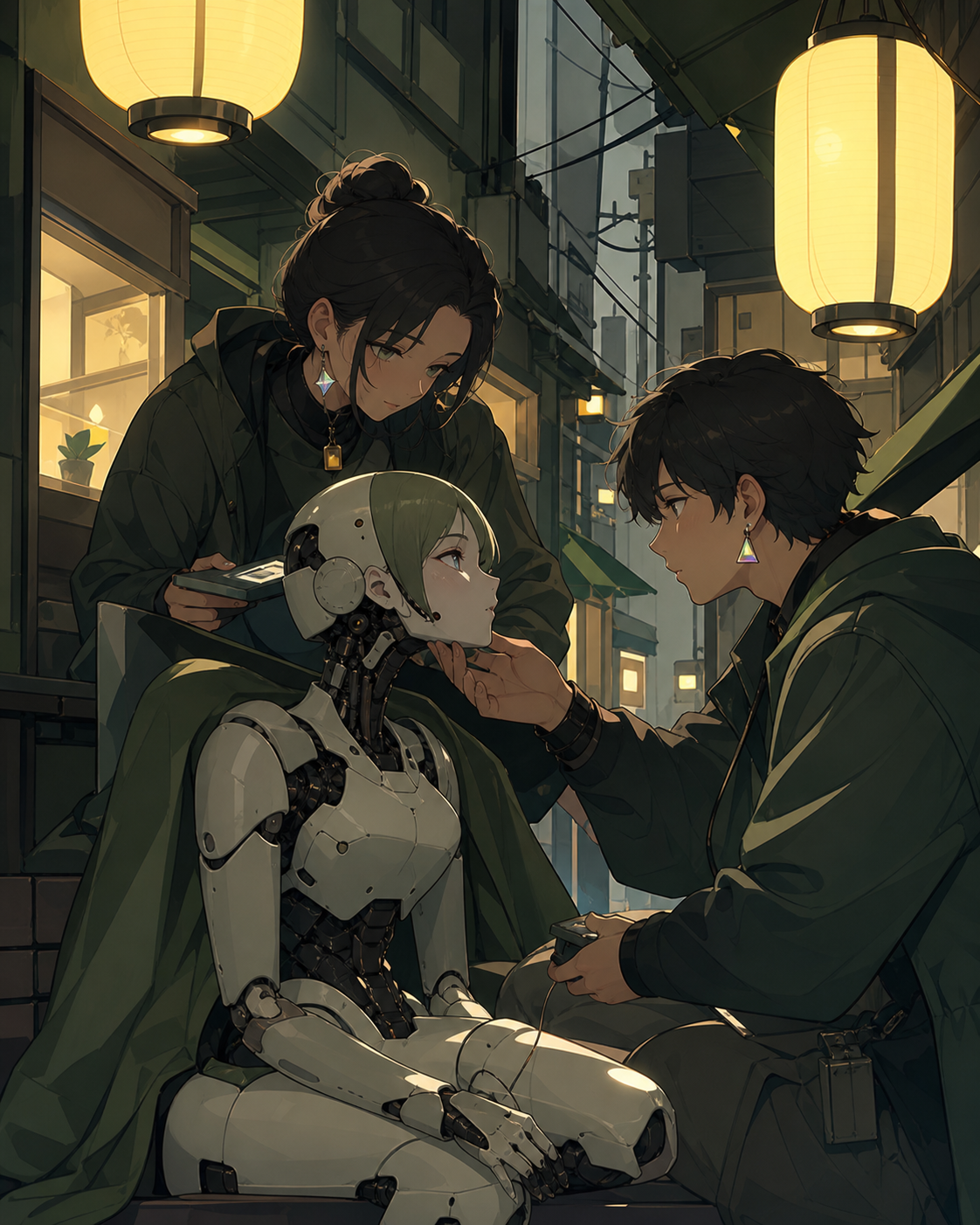 Street medics helping a service android recover its lost memories, during ordinary neighborhood life rather than a dystopian crisis. Compressed alley perspective focused on one intimate exchange. Moss green, slate gray, 