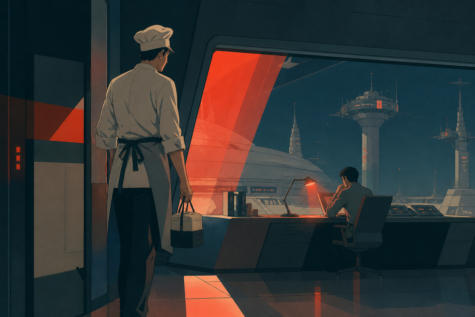 An adult chef leaving a quiet midnight meal for someone working late, captured through a small gesture rather than an exaggerated embrace. Observational long shot where one small gesture becomes the focal point. Vermilli