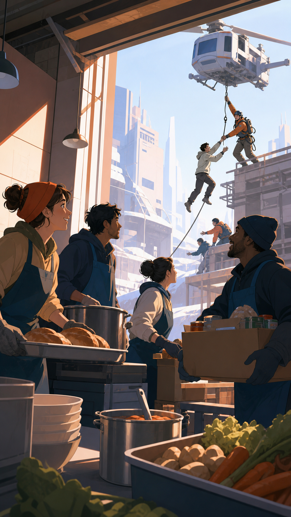 Adult volunteers reopening a community kitchen after the city briefly lost gravity, at the moment a difficult rescue becomes visibly possible. Strong diagonal composition following a rescue line across the scene. Sun-ble