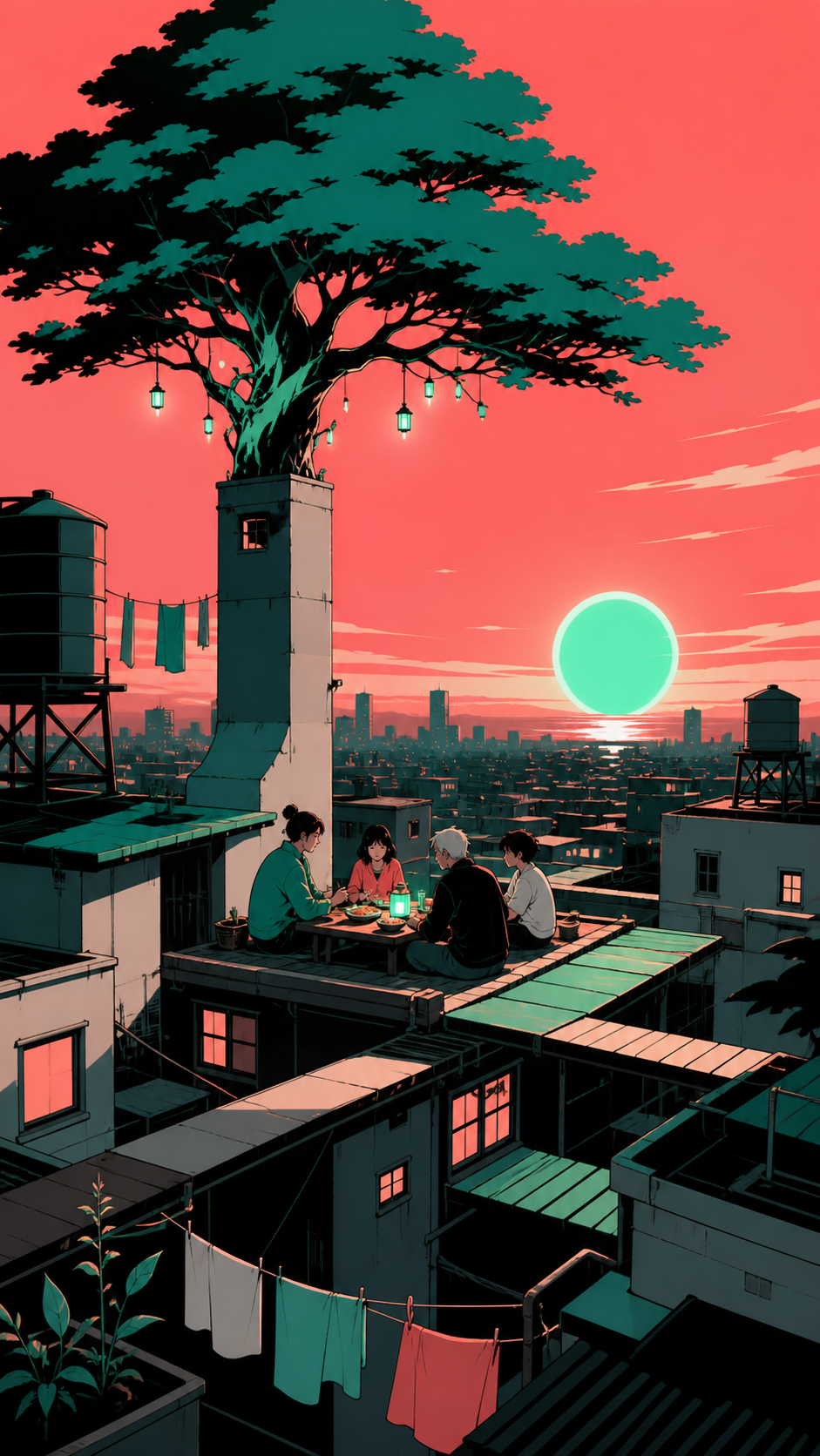 Neighbors sharing dinner beneath a tree growing from an impossible chimney, during sunset as rooftops briefly connect into hidden pathways. Wide rooftop ensemble against a layered city horizon. Celadon, coral pink, ink b