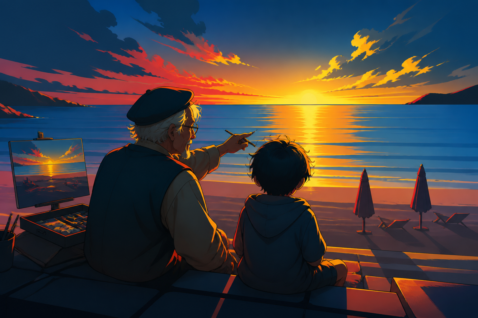 An elderly painter teaching a grandchild to observe the horizon, at sunset after the busiest visitors have gone. Intimate group scene framed by broad water and sky zones. Emerald, stained-glass ruby, lapis, and luminous 