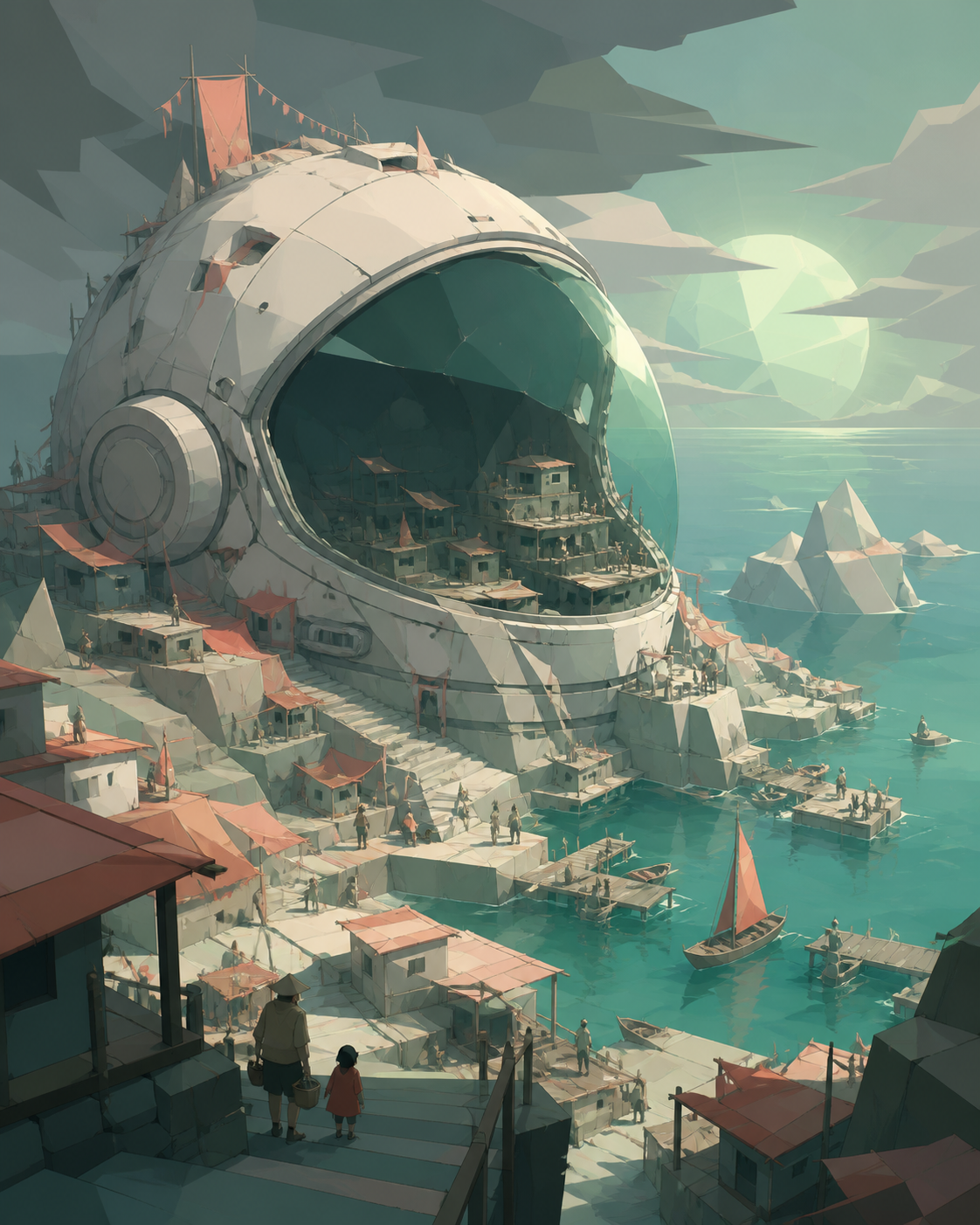 A fishing village living around a colossal abandoned astronaut helmet, during a journey that uses the giant object as landscape. Elevated composition revealing how people adapted the object into landscape. Sea-glass gree