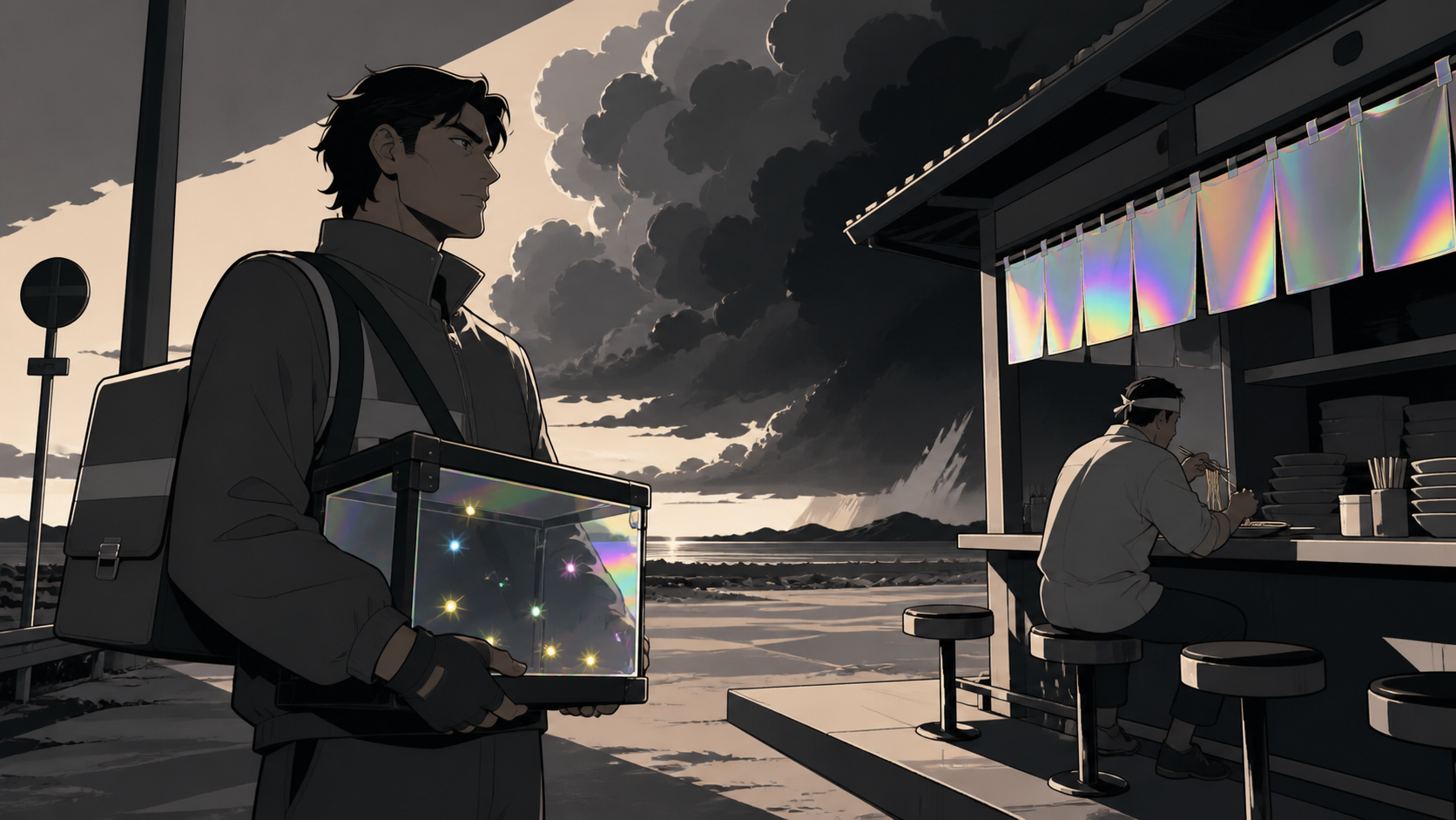 An adult male courier carrying a glass case of captive fireflies, waiting at the last open noodle stand before a supernatural storm. Cinematic medium-wide frame with the environment carrying half the story. Monochrome gr
