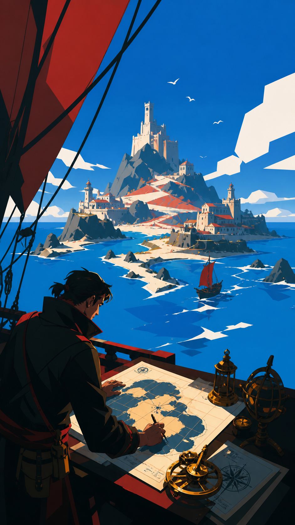 An adult cartographer mapping an island that changes shape with each tide, during a clear day when the route becomes unexpectedly unfamiliar. Wide maritime view placing vessel and destination in clear relation. Pine blac