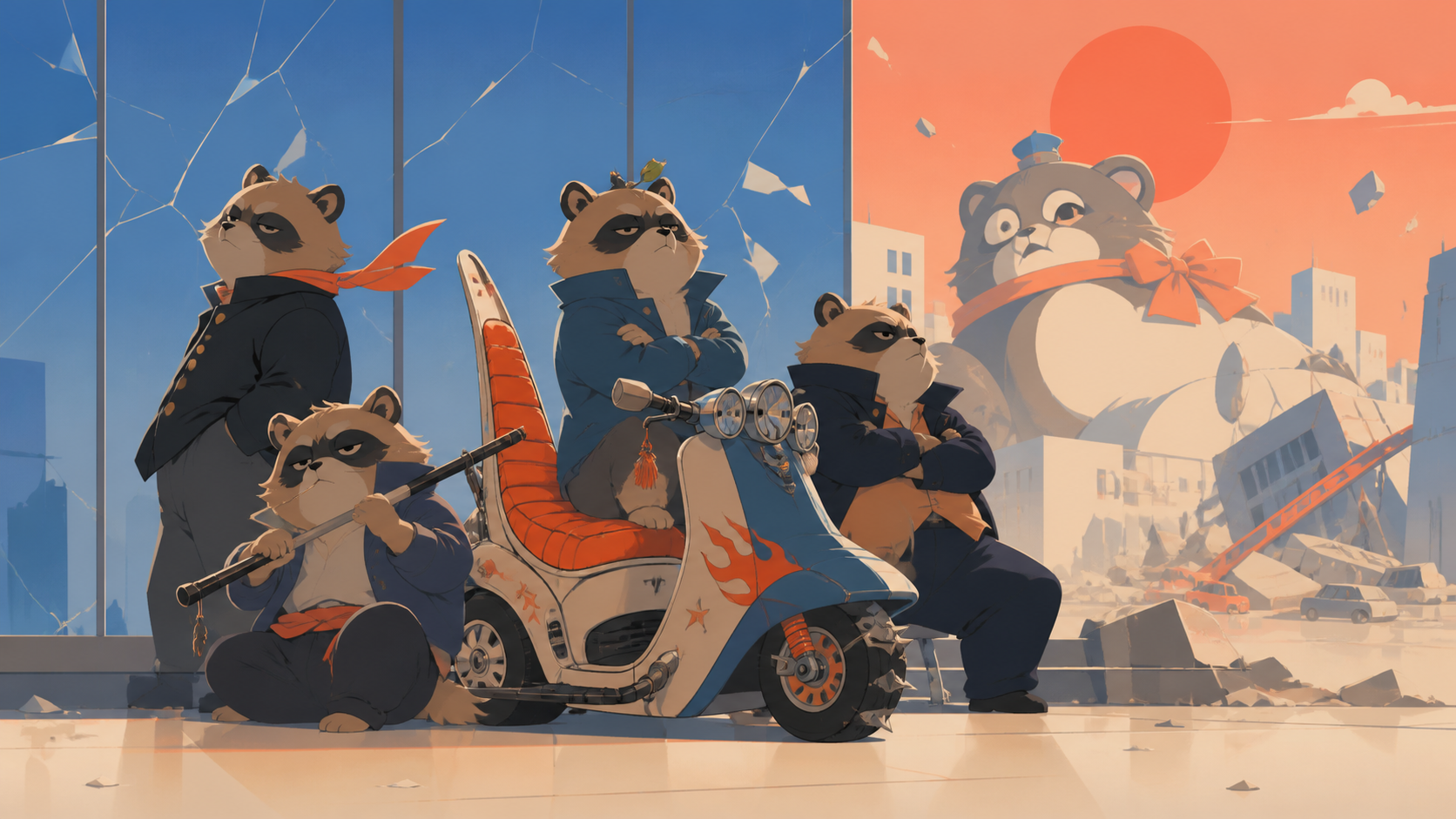 Four delinquent tanuki posing beside a comically customized scooter, in the middle of an escalating but harmless disaster. Ensemble comedy tableau with several connected visual jokes. Cobalt, persimmon orange, warm concr