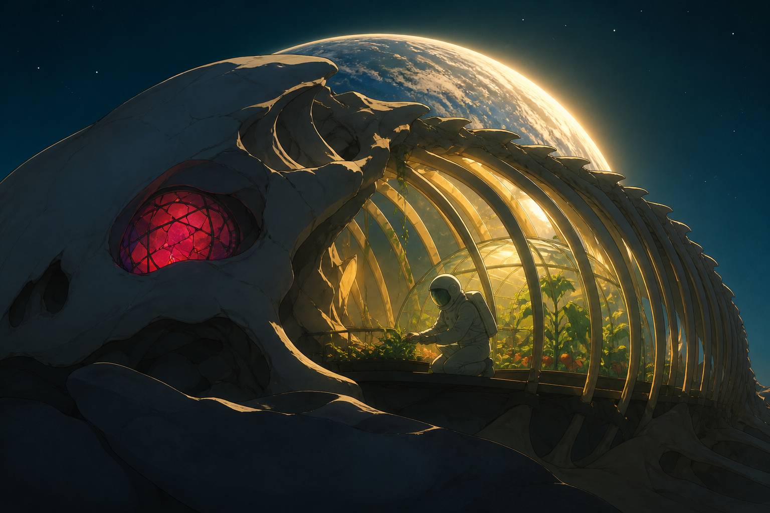 An astronaut tending a greenhouse inside the skeleton of a moon-sized creature, captured as a poetic visual moment rather than scientific documentation. Expansive widescreen composition with strong negative space. Emeral