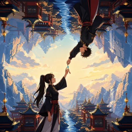 A river flowing between mirrored mountain valleys above and below, during an everyday exchange across the central open space. Character-level composition at the exact gravity trans