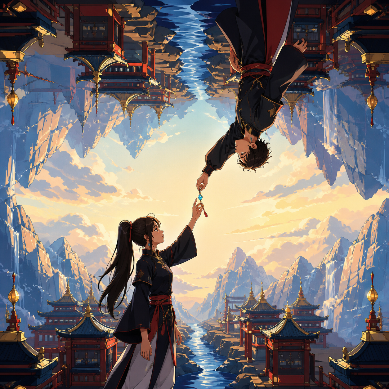 A river flowing between mirrored mountain valleys above and below, during an everyday exchange across the central open space. Character-level composition at the exact gravity transition. Pine black, snow blue, cedar red,