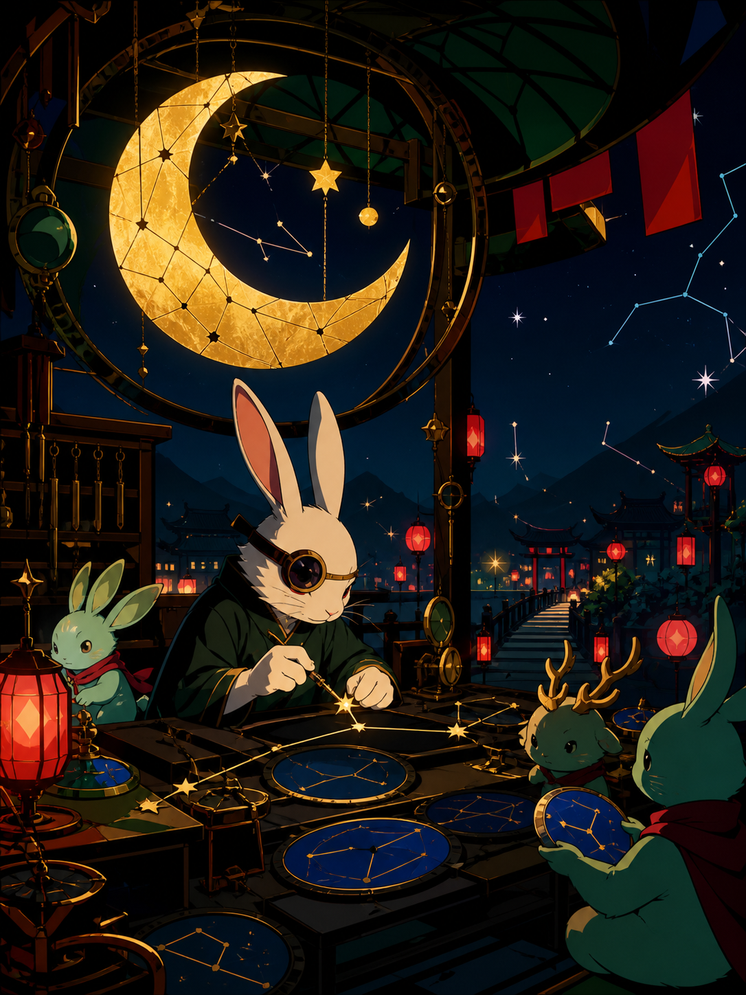 A moon rabbit operating a roadside repair shop for broken constellations, during a quiet festival after all human visitors have gone home. Balanced ensemble composition with one strong focal action. Emerald, stained-glas