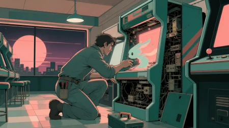 An adult arcade technician coaxing a lost digital creature back into its cabinet, as one machine behaves differently from every previous night. Nostalgic room-wide frame organized 