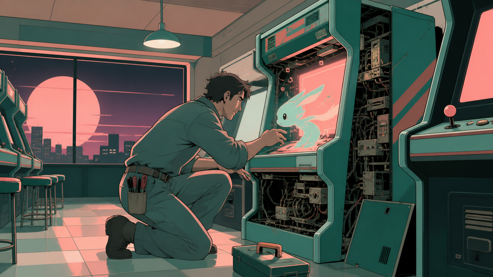 An adult arcade technician coaxing a lost digital creature back into its cabinet, as one machine behaves differently from every previous night. Nostalgic room-wide frame organized around one active machine. Celadon, cora