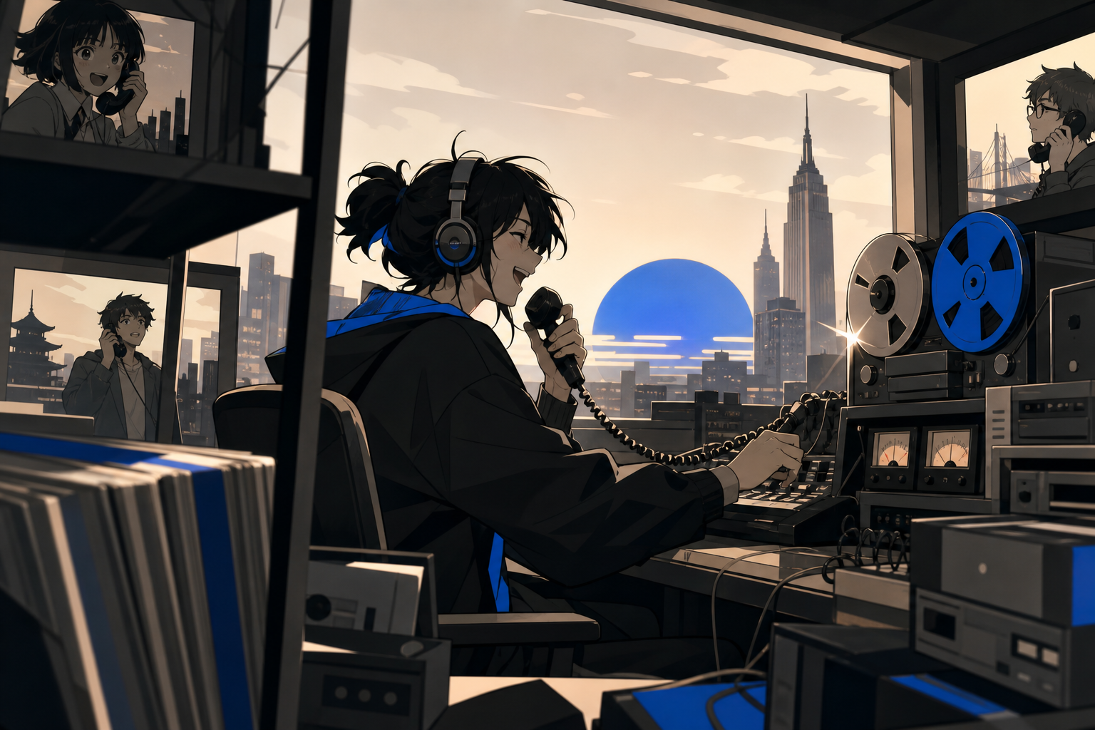 A late-night radio host receiving calls from listeners in alternate cities, during a quiet shift filled with tactile analog equipment. Cinematic view through shelves toward a surprising opening in the back. Soft monochro