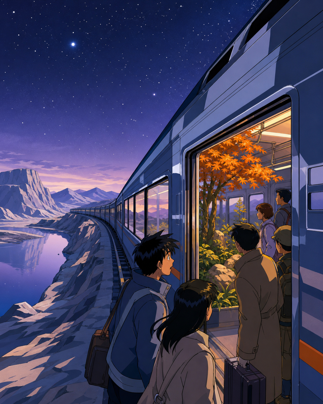 Commuters discovering that one carriage has become a quiet garden, during a long golden evening with changing reflections on the windows. Exterior travel vista following the railway through varied terrain. Pale lavender,