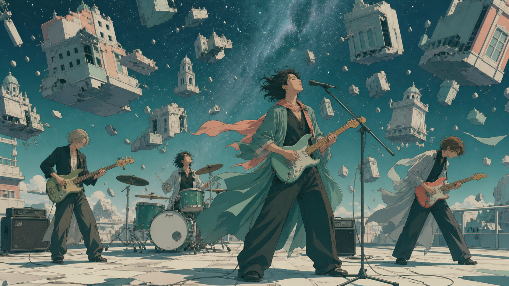 A rooftop rock band playing while the surrounding city slowly levitates, during a rehearsal that unexpectedly becomes magical. Dynamic stage-wide frame with movement radiating from the lead performer. Sea-glass green, fa