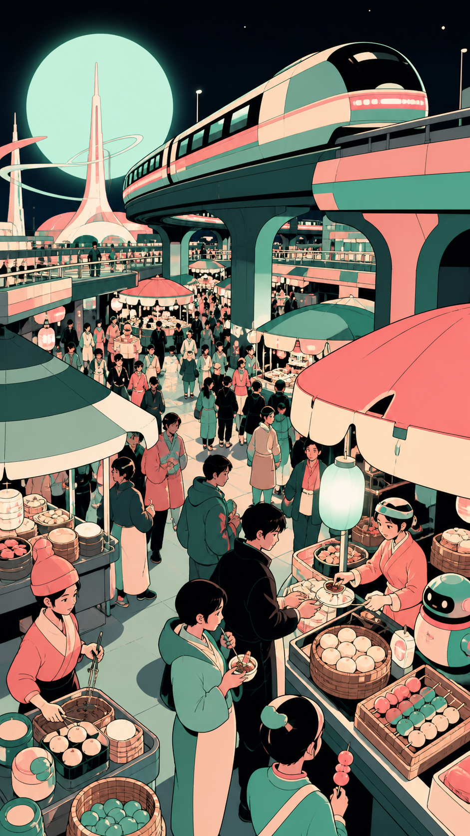 Travelers sampling street food beneath an elevated maglev line, at the busiest hour with many distinct but readable transactions. Elevated composition revealing intersecting paths and stall clusters. Celadon, coral pink,