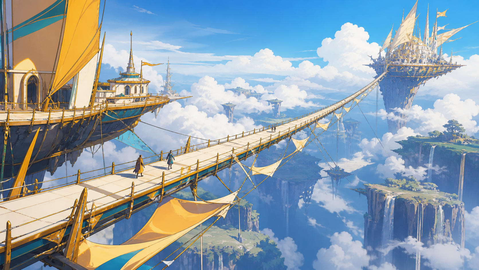 An impossibly long pedestrian bridge connecting two moving sky kingdoms, during clear morning weather that reveals the depth below. Sweeping aerial panorama with a strong route across the frame. Saffron, peacock blue, da