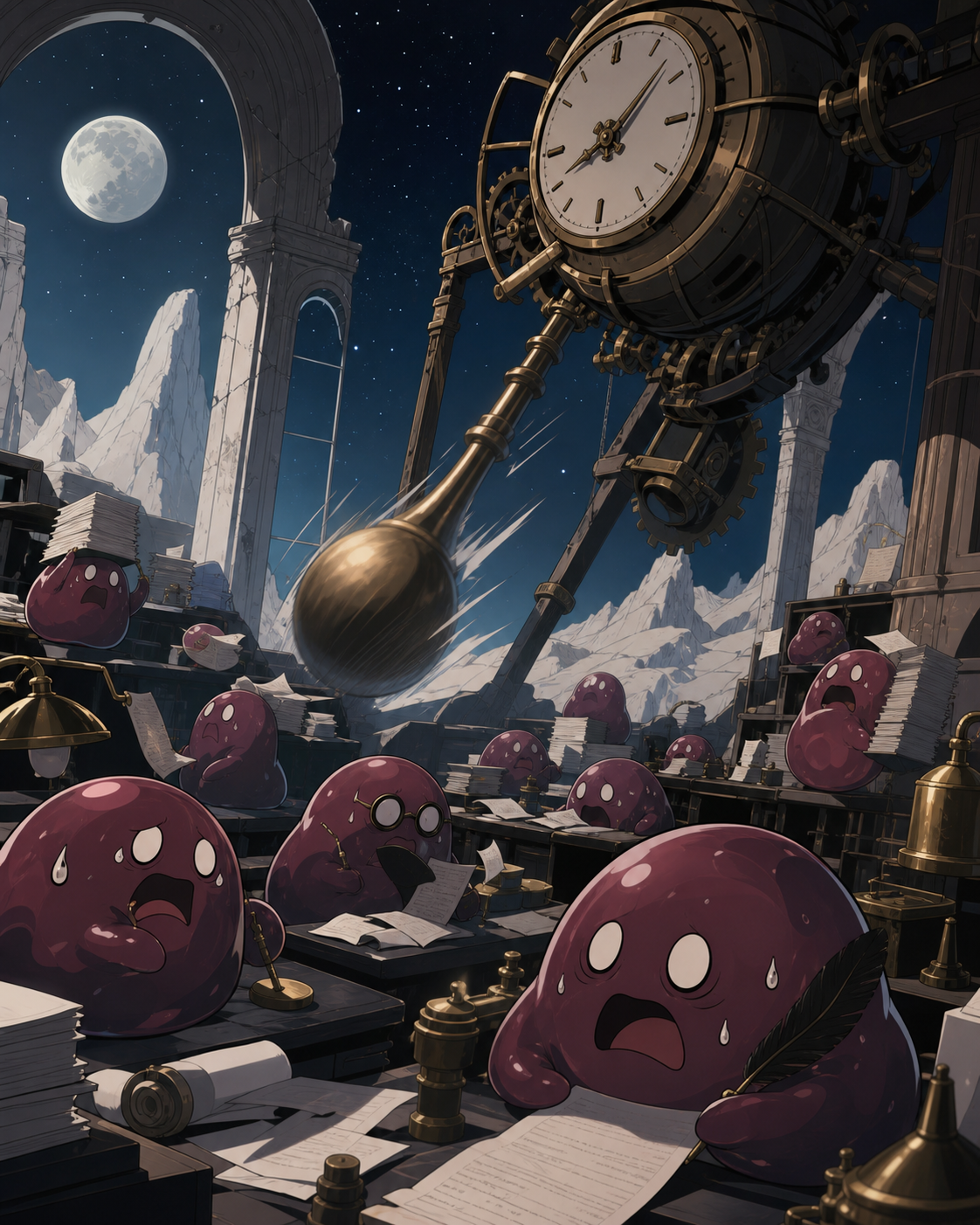 An office staffed by anxious slimes trying to meet an impossible deadline, caught immediately before their elaborate plan obviously fails. Ensemble comedy tableau with several connected visual jokes. Burgundy, midnight g