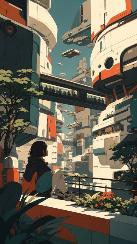 A dense orbital neighborhood assembled from retired spacecraft, during a crowded morning commute seen from a quiet rooftop garden. Street-level cinematic view looking upward throug