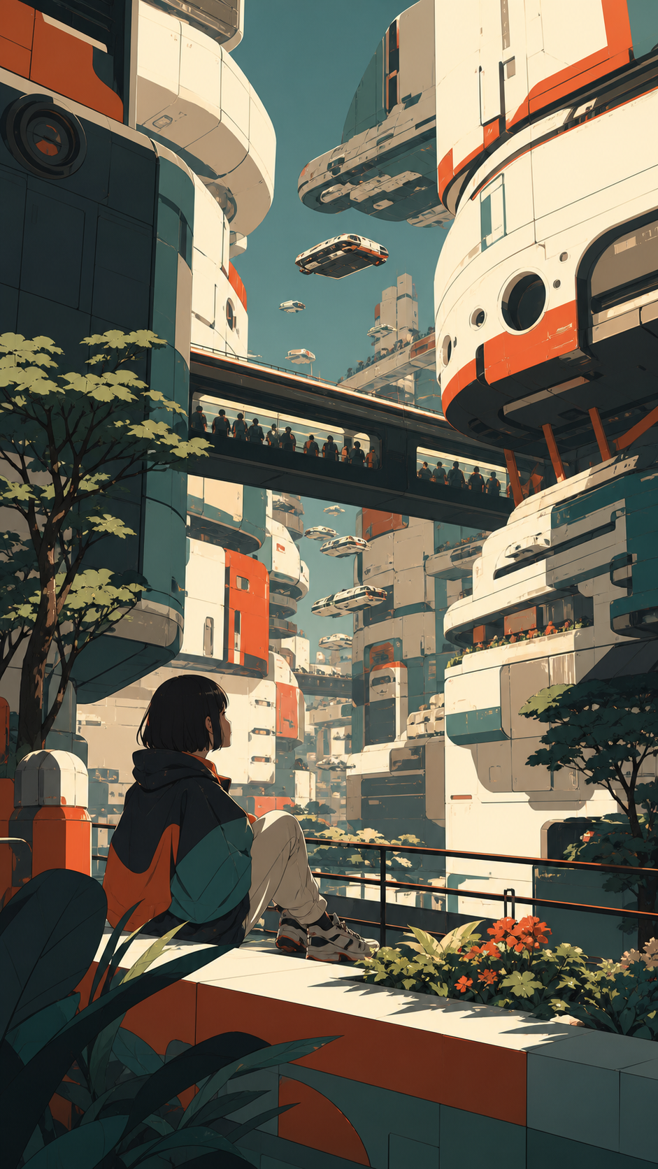 A dense orbital neighborhood assembled from retired spacecraft, during a crowded morning commute seen from a quiet rooftop garden. Street-level cinematic view looking upward through layered architecture. Vermillion, char