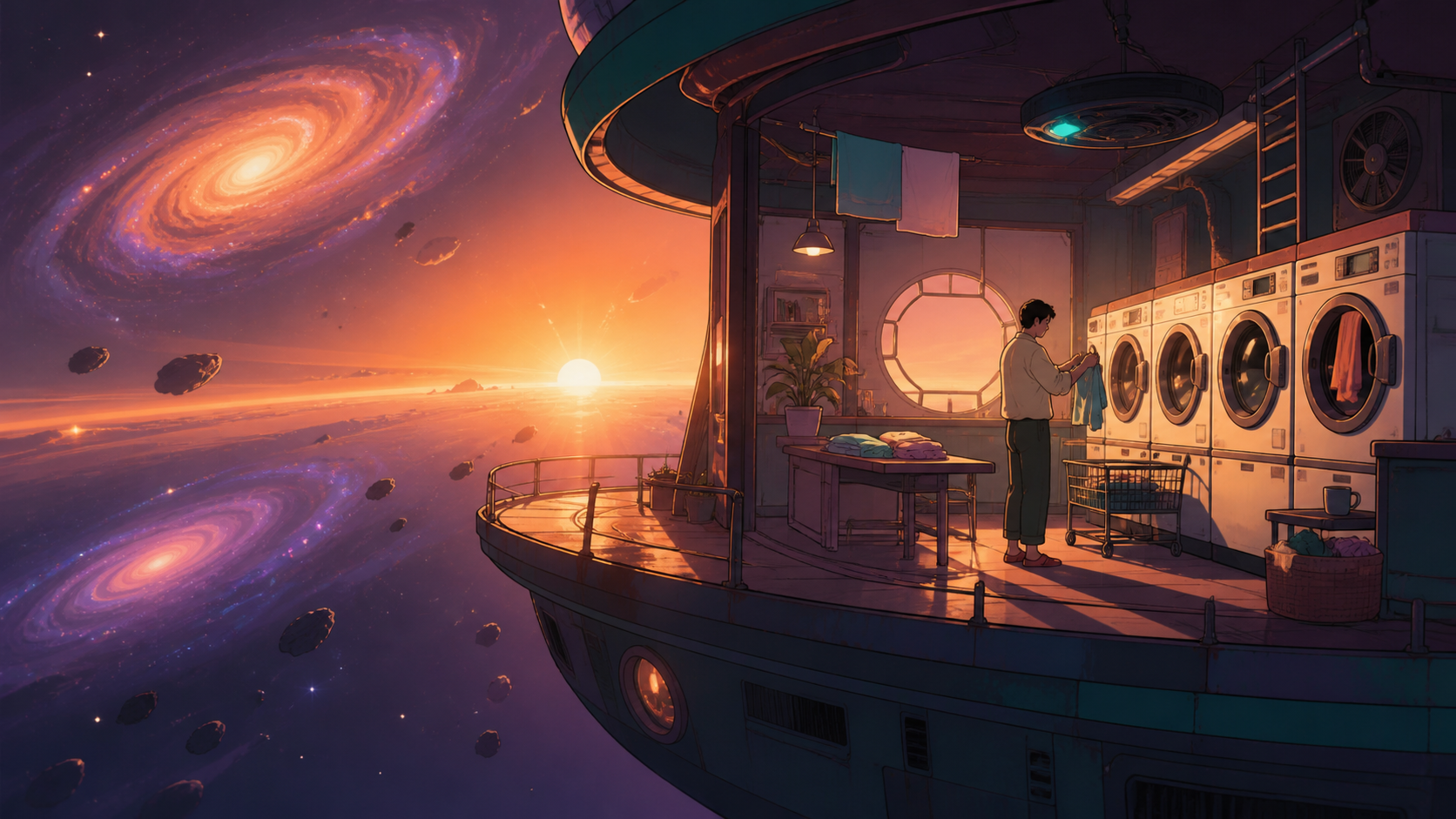 A quiet laundromat orbiting alone between two galaxies, seen during an impossible sunrise with intimate signs of daily life. Expansive widescreen composition with strong negative space. Apricot, orchid purple, pool turqu