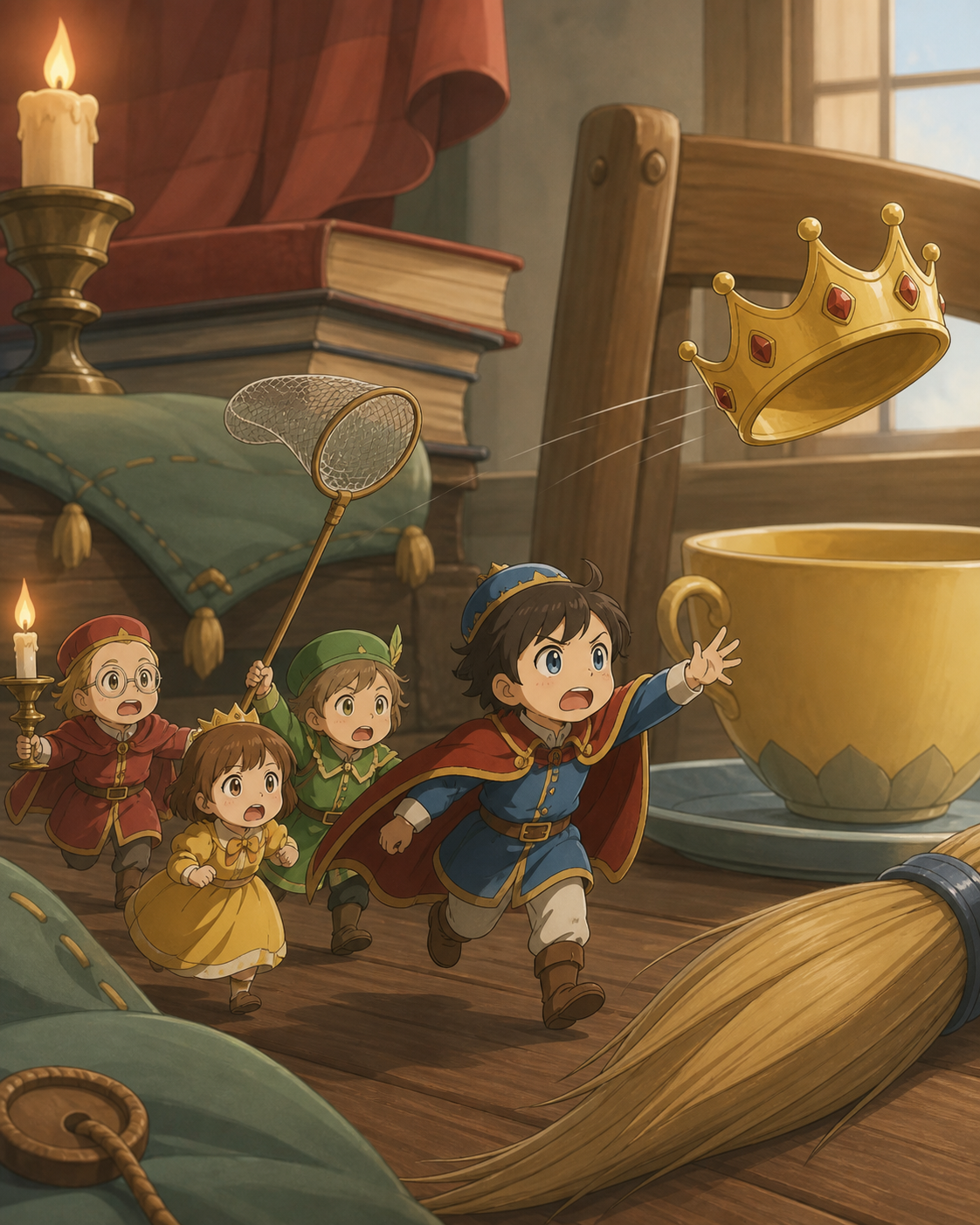A tiny royal court attempting to catch a runaway crown, on a colorful journey where every obstacle is larger than the heroes. Centered ensemble pose interrupted by one moving object. Clay red, sage, faded denim, and sunf