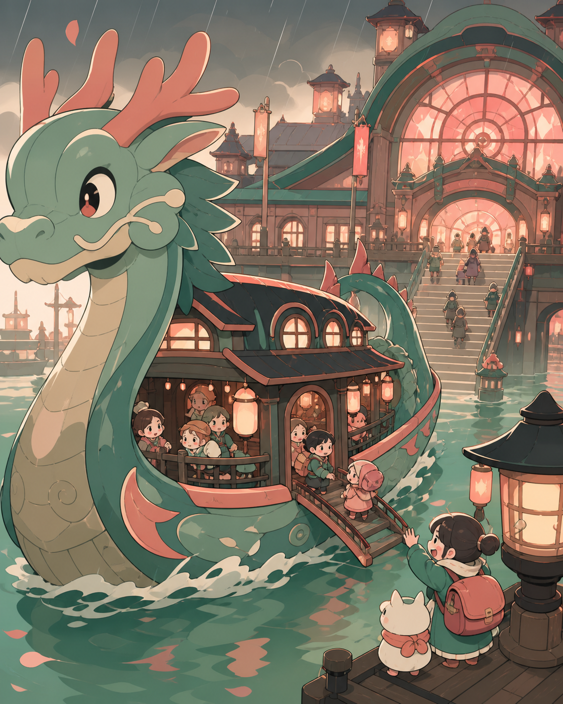 A dragon-shaped riverboat transporting travelers through a flooded kingdom, arriving at an extraordinary terminal during difficult weather. Grand three-quarter vehicle view embedded naturally in its route. Celadon, coral