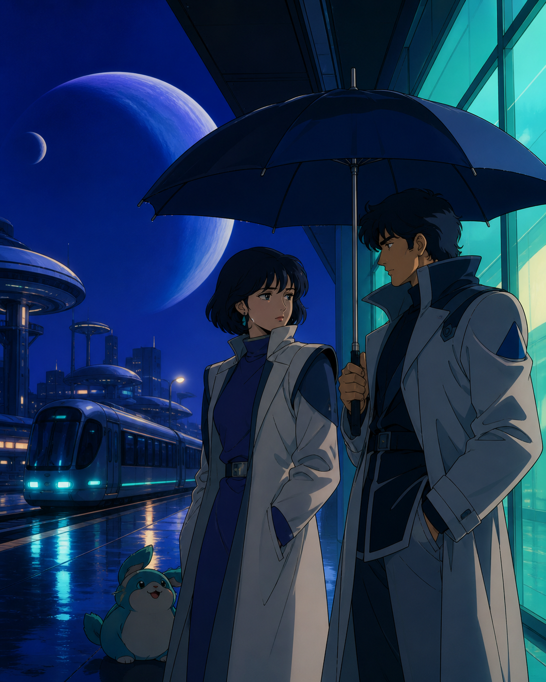 Two adult rivals sharing an umbrella after missing the last train, during a bittersweet transition with the environment carrying the emotion. Cinematic two-person frame using architecture and negative space to express th
