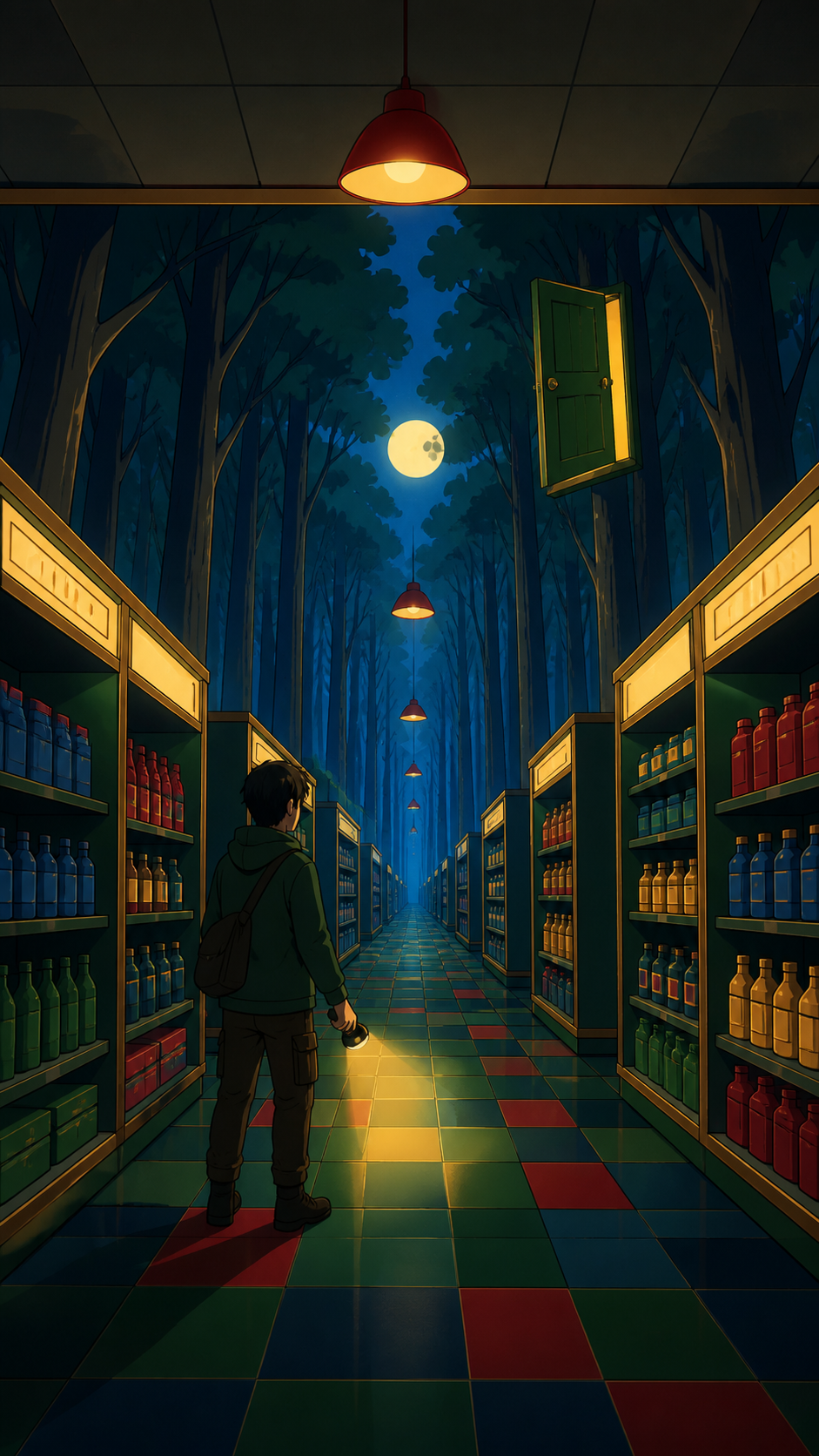 A late-night convenience store whose aisles extend into a moonlit forest, explored by one cautious adult carrying a weak practical light. Still symmetrical frame disturbed by one small impossible detail. Emerald, stained