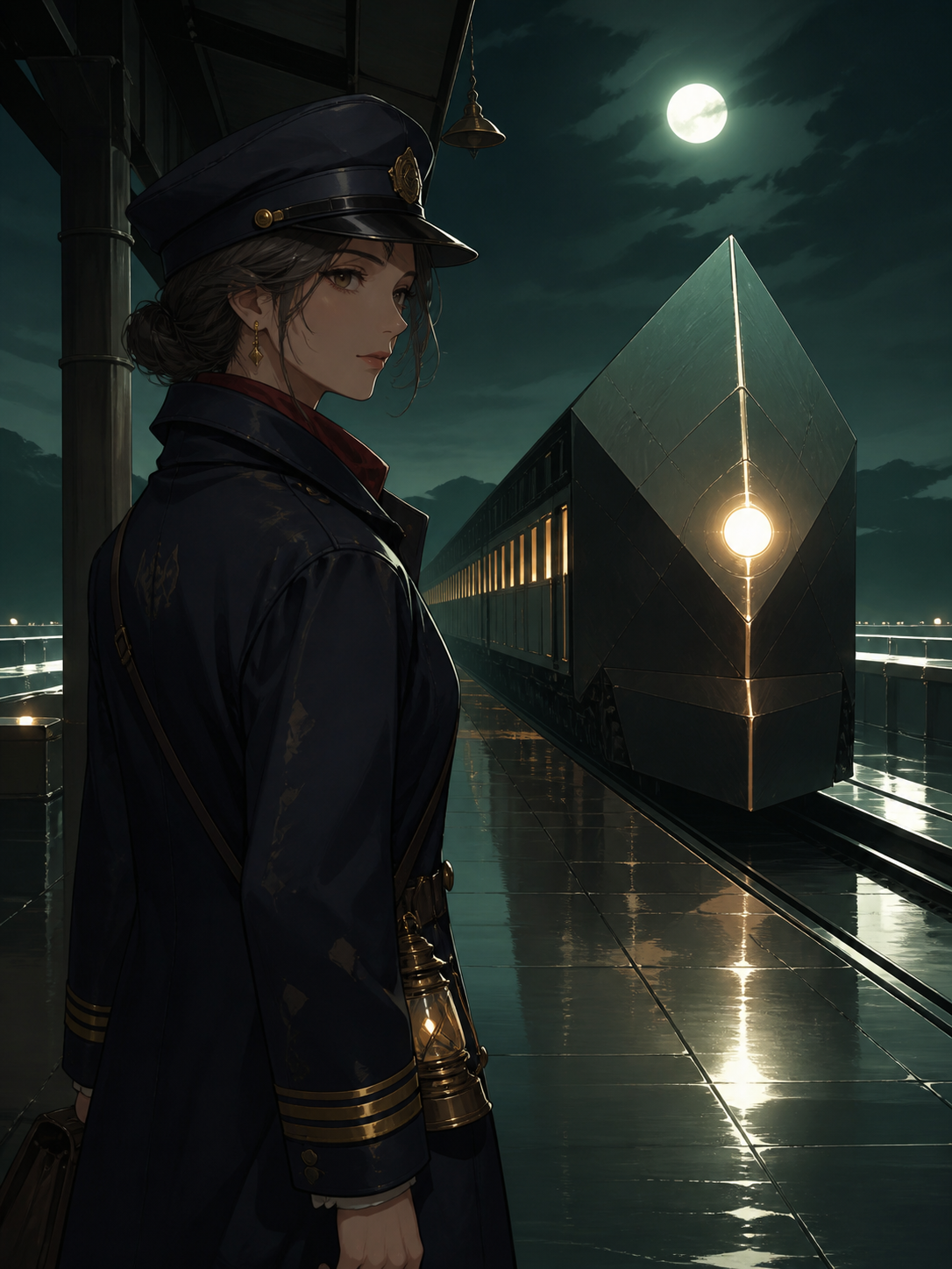An adult woman night-train conductor with a weathered navy coat, pausing alone on a rain-swept platform while an impossible train arrives. Intimate three-quarter view with strong foreground and background layers. Burgund