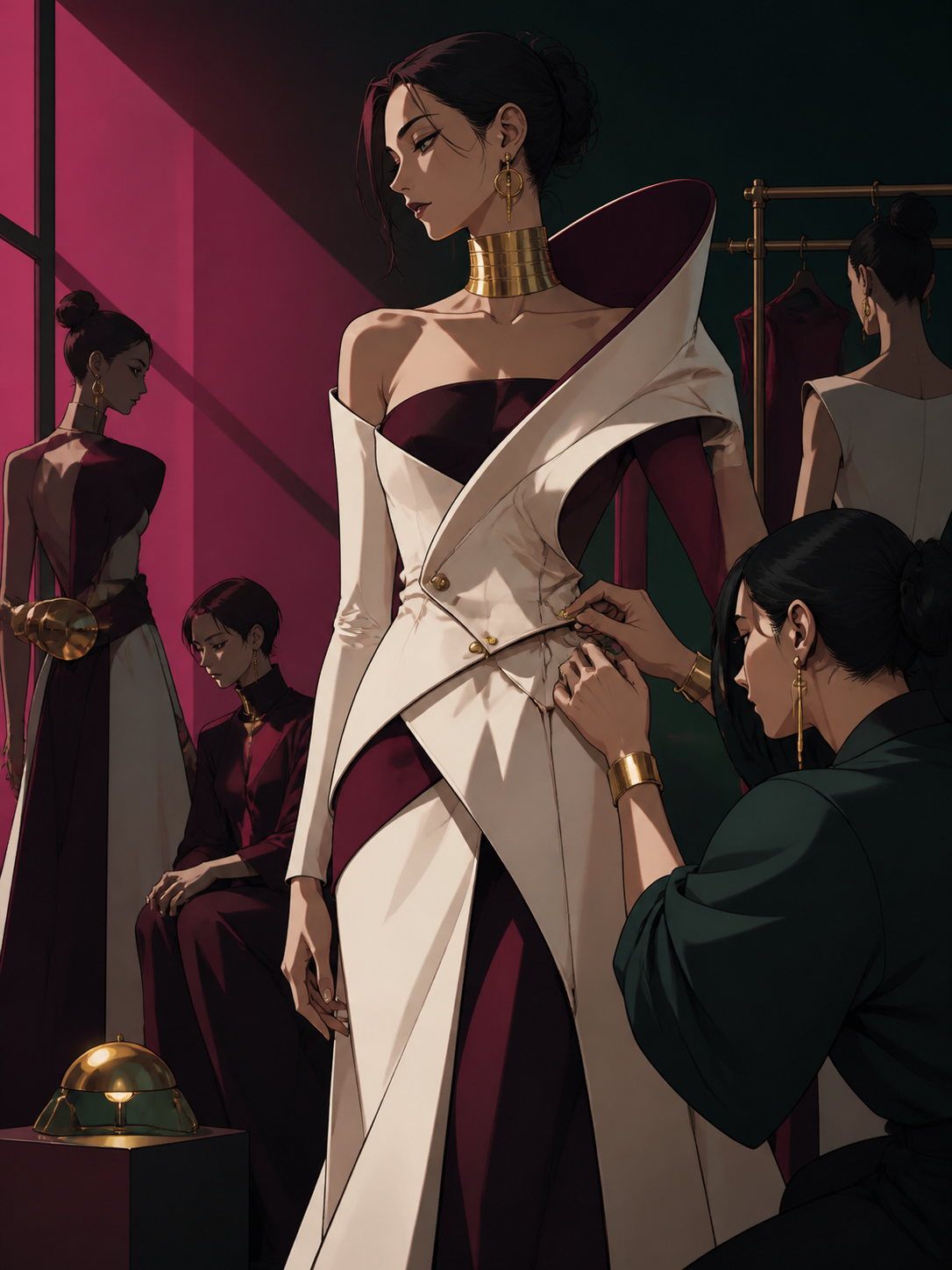 An adult runway model waiting backstage in sculptural lunar eveningwear, captured as a character-driven editorial moment rather than a product display. Backstage ensemble scene organized around the central fitting. Burgu