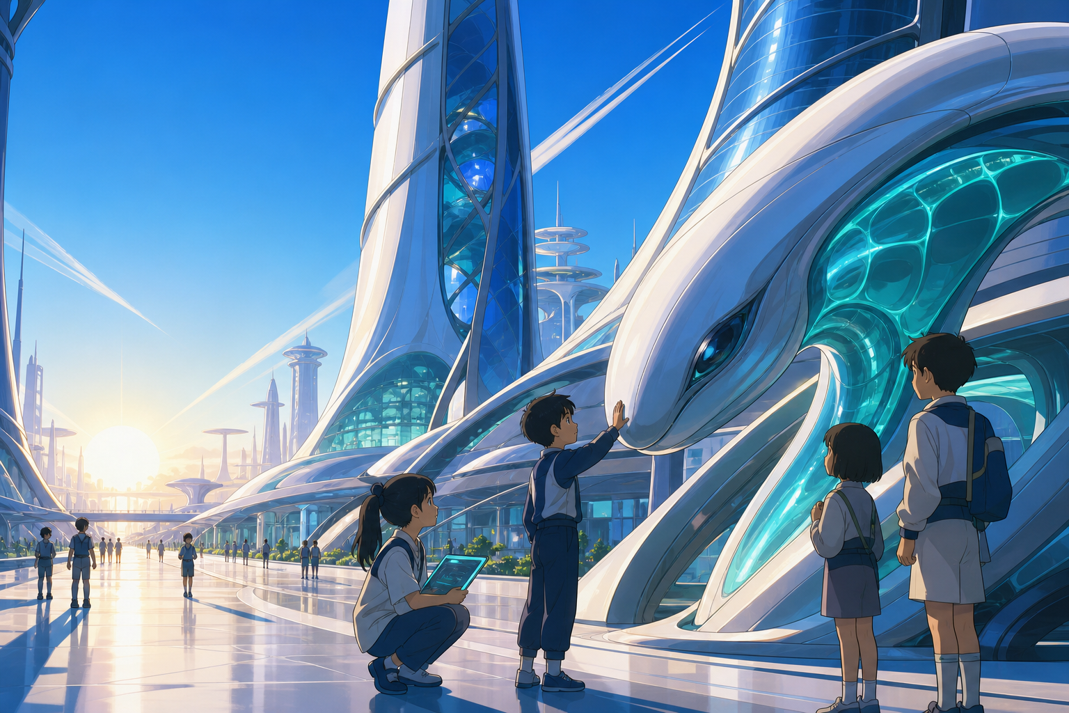 Children learning how to communicate with a neighborhood's biological transit system, on a bright day that emphasizes clean forms and civic scale. Grand civic avenue view with biological towers framing daily activity. Ul