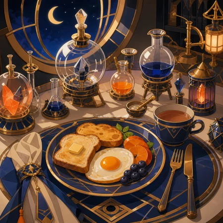 A traveling alchemist's breakfast arranged among curious glass instruments, lit for a magical late-night café menu without any written text. Carefully composed tabletop still life 