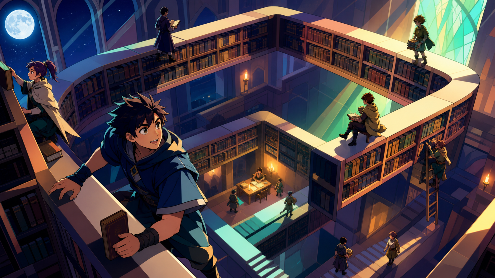 A library whose shelves form a walkable loop around the room, during ordinary activity that treats impossible geometry as normal. Wide axonometric-like scene with multiple readable routes. Moonlit indigo, oxidized copper