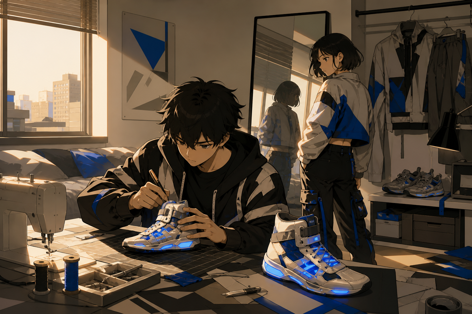 Siblings customizing luminous sneakers in a compact bedroom studio, at a bold editorial moment grounded by natural human expression. Candid studio view showing design process and finished clothing together. Soft monochro