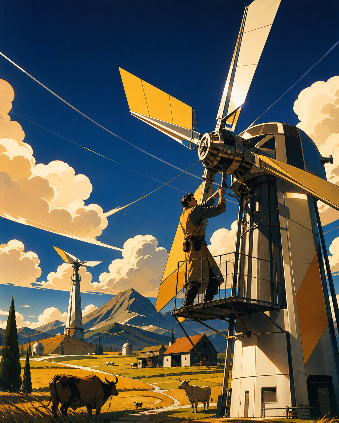 An adult miller adjusting a windmill that controls the direction of local breezes, during familiar seasonal work treated with quiet care. Wide pastoral scene with work activity guiding the eye across the land. Saffron, p
