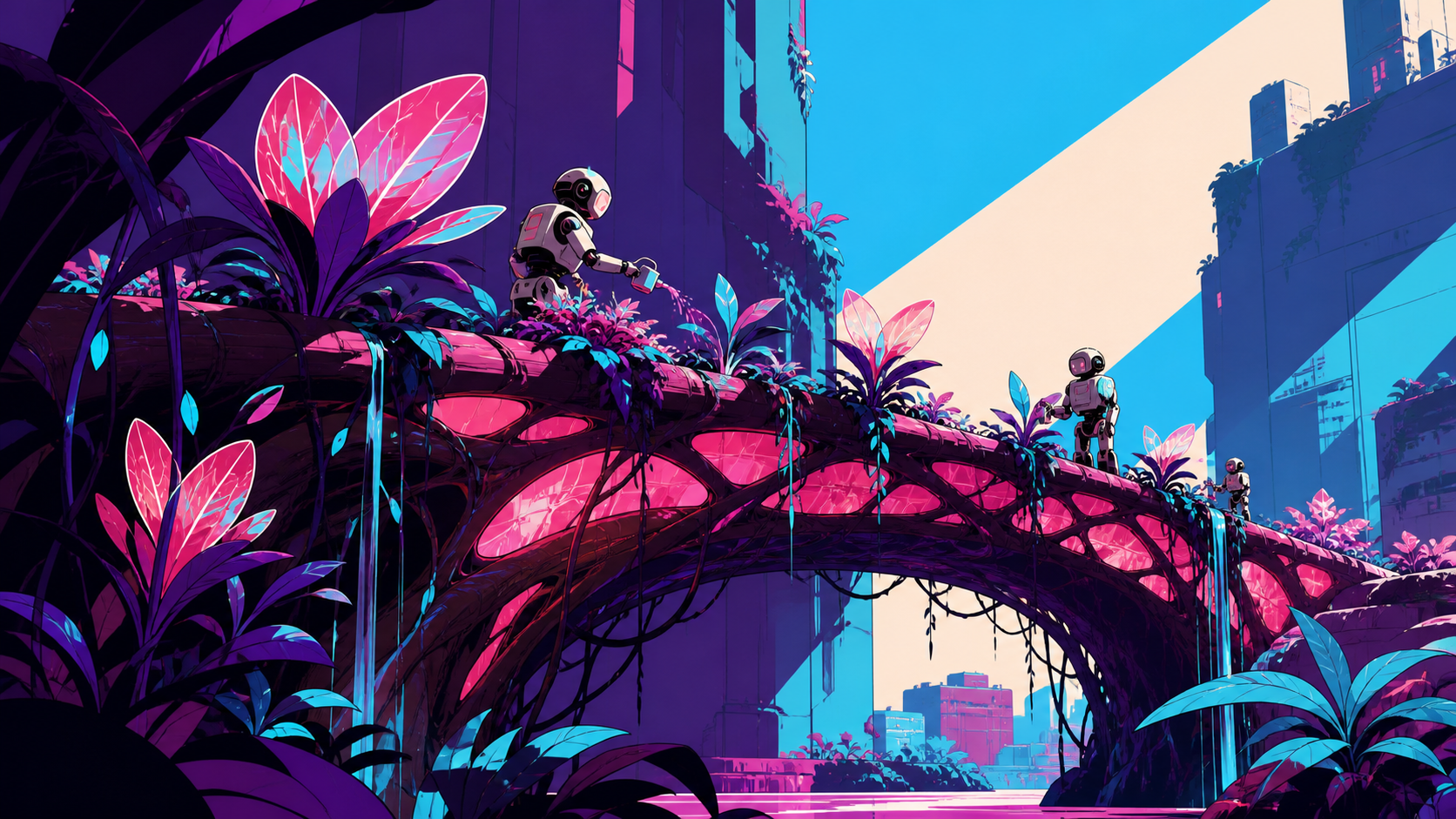 A city bridge grown from living roots and maintained by gardener robots, after rainfall activates hidden biological structures throughout the scene. Lush environmental composition with technology discovered gradually amo
