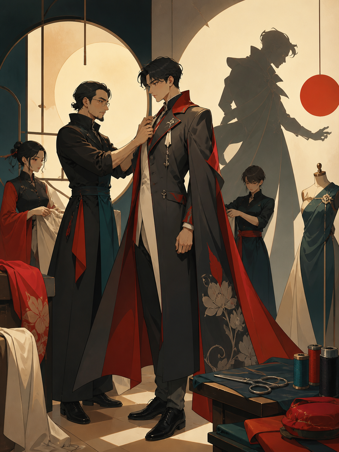 An adult designer fitting a formal coat whose shadow moves independently, during the focused preparation before a major reveal. Backstage ensemble scene organized around the central fitting. Vermillion, charcoal, warm iv