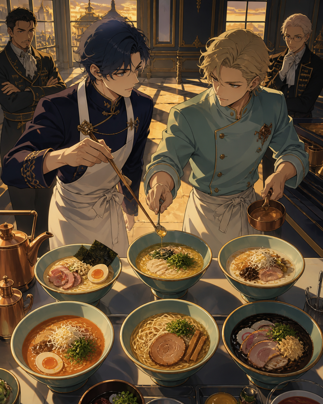 Rival ramen chefs exchanging techniques during a friendly final, when competitors pause to help one another finish safely. Overhead-leaning composition comparing several finished dishes. Moonlit indigo, oxidized copper, 