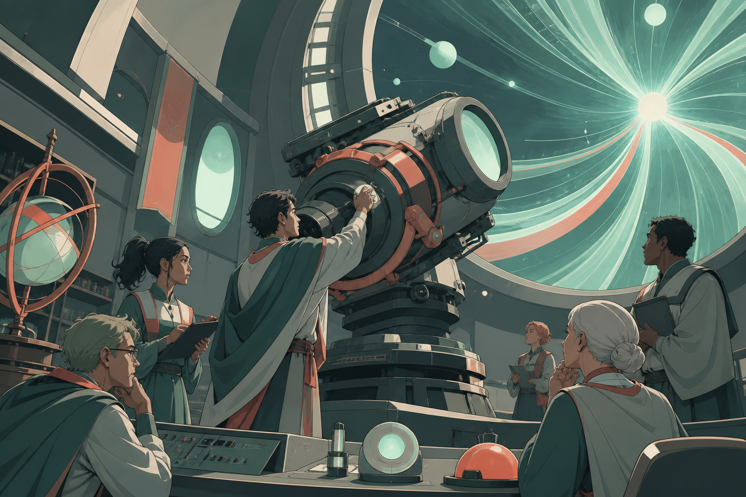 Adult astronomy students calibrating a telescope that observes possible futures, during an ordinary lesson complicated by one unexpected result. Wide classroom tableau centered on one demonstration. Sea-glass green, fade