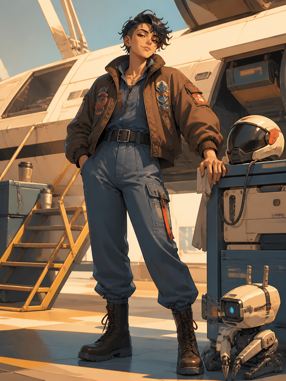 An adult nonbinary spacecraft mechanic wearing a patched flight jacket, surrounded by a few objects that quietly reveal their history. Confident full-body editorial portrait with a strong graphic silhouette. Amber, walnu