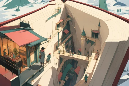 Travelers navigating a canyon formed by the pages of an open book, during a journey that uses the giant object as landscape. Elevated composition revealing how people adapted the o