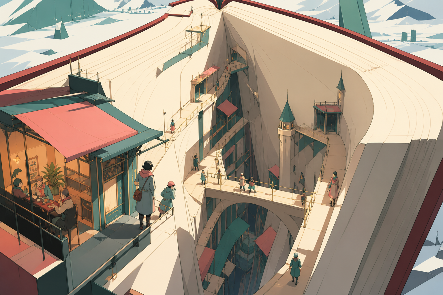 Travelers navigating a canyon formed by the pages of an open book, during a journey that uses the giant object as landscape. Elevated composition revealing how people adapted the object into landscape. Celadon, coral pin