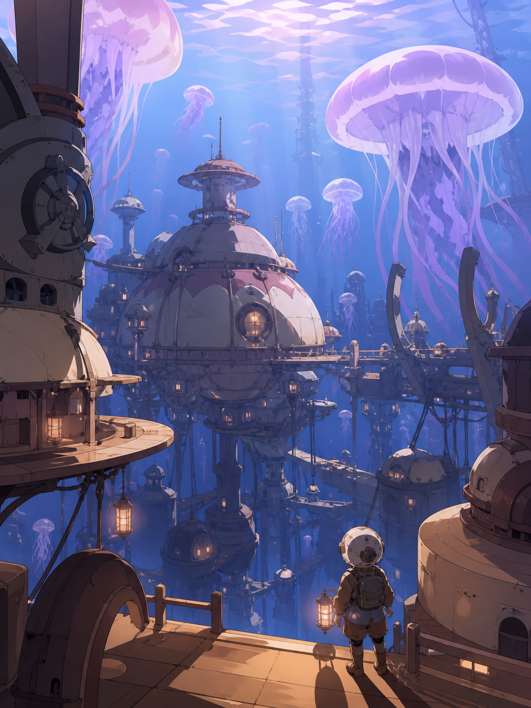 A research village suspended beneath a field of glowing jellyfish, seen in peaceful stillness after an ancient mechanism restarts. Vertical descent composition with a tiny explorer providing scale. Mulberry, tea brown, t