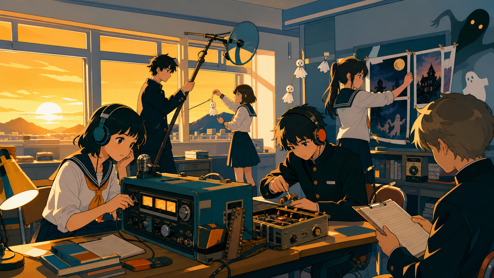 The school radio club recording local ghost stories before sunset, during organized chaos where every member has a clear task. Room-wide ensemble composition organized around the club activity. Saffron, peacock blue, dar